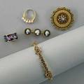 Collection of 14k gold victorian revival jewelry five items ca 19501960 ornate star pendantbrooch with blue enamel 1 38 bracelet with sapphires 2 ring with enamel roses size 5 ring