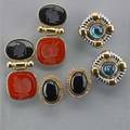 Three pairs earrings for pierced ears 14k yg onyx cabochon and diamond oval clusters 78 14k onyx and carnelian intaglio linked panels 1 34 sterling and blue quartz cushions two gold pairs