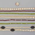 Akoya pearl peridot garnet bead necklaces eight pieces three cultured pearl necklaces one with 75  35 mm some with gold findings one with onyx tablets longest 42 two faceted garnet and
