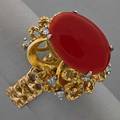 Oxblood coral and diamond 14k gold freeform ring oval coral cabochon 177 x 13 mm and ten accent diamonds in freeform gold 98 dwt size 8 12  international bids and bids issuing from the state