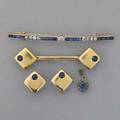 Collection of gold jewelry with sapphire 14k gold arch bar pin with oec and transitional cut diamonds and calibrated sapphires in 14k platinumtopped gold diamonds approx 50 ct tw sapphires appr