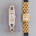 Two ladies wristwatches 19301945 platinum and diamond tank watch with diamond fancy lugs quartz replacement movement twistoflex strap 18k yg rectangular with gold bricklink lugs election