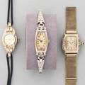 Three ladies dress watches 19251965 longines tonneau 18k wg case with circular and marquise cut diamonds diamond ornamental wgf twistoflex bracelet enameled white gold shell gruen precis