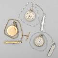 Three pocket watches on chains with knives hamilton wg filled of model 912 17 jewels adj 3460690 waltham 14k yg double hunt case royal model 7850930 gf chain and gold cased knife south