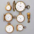 Six old pocket watches and a fob swiss 14k gold hunt case with engine turned and engraved decorations 35 mm hinge broken swiss 14k gold of pin set metal cuvette elgin gf of 24342643 ame
