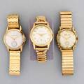 Three gold or gf mechanical wristwatches two girardperregaux 14k yg wristwatches 17 jeweled movements b6 3998 29 mm bulova goldfilled 21 jewels 10 bm 30 mm fancy lugs all on flexible gol