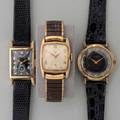 Three vintage gentlemans watches mid 20th c gruen 14k yg curvex 17 jewels b740261 jeweled black dial faceted crystal elgin 683 gf cushionshaped 17 jewels k637341 damas rose gold