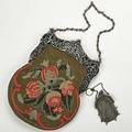 Sterling framed handbag and mesh purse ca 1910 rococo framed handbag with cherubs and flowers vegetal motif petit point bag 10 12 x 7 14 on 18 chain gorham sterling ring suspended mesh purs