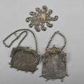 Art nouveau purses and an ornament ca 1900 two german silver mesh purses with embossed frames large parcel gilt silver ornament 4 x 5 12