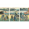 Japanese woodblock prints five 19th c three by utagawa yoshitora one triptych by hiroshige and one unknown triptych 9 12 x 14 ea