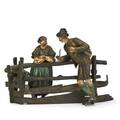 Vienna coldpainted figural bronze man and woman speaking over a fence early 20th c stamped austria 5 x 6 12