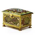 French enamel and onyx jewelry casket polychrome enamel decoration with onyx panels and tufted silk interior ca 1900 4 x 5 14 x 4