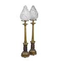 Pair of bronze and marble table lamps cupid and dolphin bases with glass flame shades early 20th c 31