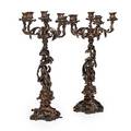 Pair of continental patinated bronze candelabra 6arm figural bases 20th c 24 14