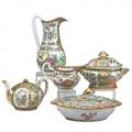 Chinese rose medallion porcelain five items 19th c teapot sauce tureen creamer pitcher and covered dish pitcher 10
