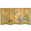 Japanese six panel paper screen titled tale of genji in the kano school style 20th c signed senseki 48 x 106