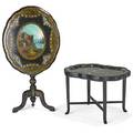 Victorian ebonized tilttop table mother of pearl inlay and painted central medallion together with similar tray table 19th c tilttop table 43 x 23 x 28 as shown