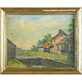 Della j barber american 20th c oil on board of the new hope locks badura frame 7 34 x 9 34