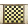 American game boards two ca 1900 one in red and orange paint the other a folding board mounted under glass larger 16 x 26