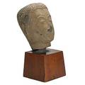 Thai stone buddha head on wood pedestal 18th c tip of nose repaired head 8 34