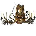 German early renaissance style carved chandelier woman in polychrome period dress flanked by antlers with eight wrought iron candleholders electrified 20th c 24 x 43 12 dia