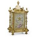 French dore bronze mantle clock porcelain panels time and strike movement ca 1900 16 12 x 9 14 x 7 34