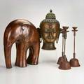 Asian metal group buddha head elephant and three candlesticks unmarked elephant 20 x 18 x 8