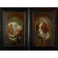 Pair of hunting dogs with fowl early 20th c oils on wood framed each 23 12 x 13 12