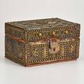 Traveling valuables chest leatherclad wood with brassbound corners applied brass putti and tacks european 18th19th c unmarked 6 12 x 11 x 7 12