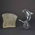 Glass two glass sculptures dolphin with controlled bubbles and deco style plaque of female figure unmarked larger 11 34