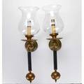 Lighting two pair of large coach lamps with glass chimneys brass painted metal and plastic marked each 33 x 13 34