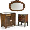 Furniture group pine wash stand diminutive asian chest and victorian oak mirror 20th c wash stand 30 12 x 28 x 18 12