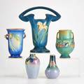 Roseville weller three roseville vases blue zephyr lily blue pinecone green baneda and two weller eocean vases roseville marked tallest 10 12