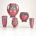 Roseville five pink baneda vases one marked largest 9 38 x 8 12 dia
