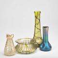 Kralik attr four glass pieces green with ruby veining and clear opalescent with white veining together with similar bowl and blue silberosis vase tallest 13 x 5 34