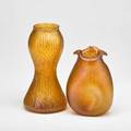 Rindskopf attr etc two glass vases austria 1900s amber corrugated and peach oil spot unmarked rindscopf 10 x 5 14 dia