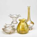 Loetz attr etc four glass vases austria 1900s loetz candia papillon bud vase together with heckertstyle green oil spot and two opalescent martele vases unmarked bud vase 10 34 x 4 12