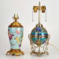 Aesthetic movement two lamp bases one enameled and spherical the other decorated with fish frogs and plants former unmarked latter marked bg  1 2 taller 21 