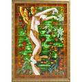 Art nouveau style thirtyfive piece painted and glazed tile frieze of winged nude dancing among grape vines in gilt wood frame unsigned overall 48 x 33 14 each tile 5 78 x 5 78 sq