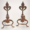 Byrdcliffe attr pair of wroughtiron andirons with fleurdelys motif over scroll decorated supports on cabriole legs ca 1900 unmarked 18 18 x 9 12 x 17