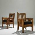 Harden pair of armchairs usa early 20th c unmarked quartersawn oak and mohair spring seats each 38 12 x 29 x 25