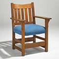 Gustav stickley vback armchair usa ca 1915 quartersawn oak and tacked on upholstery unmarked 36 x 26 x 21 12