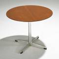 Arne jacobsen fritz hansen side table denmark 1960s teak aluminum and plastic foil label 18 12 x 22 34 dia