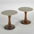 Danish pair of tulip side tables 1960s sculptured walnut and marble unmarked each 16 x 18 dia