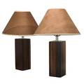 Danish pair of laminated walnut bedside lamps with wood veneer shades 1960s unmarked each including shades 21 34 x 14 dia
