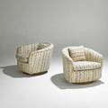 Milo baughman thayer coggin pair of swiveltilt club chairs usa 1970s wool and rosewood upholstery label to one each 25 x 29 x 32