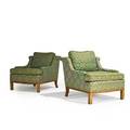 Style of edward wormley pair of lounge chairs usa 1960s upholstery and fruitwood manufacturers labels each 31 12 x 28 x 34 12