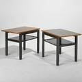 Edward wormley dunbar pair of tiered side tables berne in 1960s walnut ebonized wood and leather one brass label each 22 14 x 28 x 19