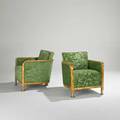 European art deco pair of club chairs 1920s solid maple brass and sculpted mohair unmarked each 28 x 26 12 x 31