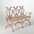 Russell woodard bench usa 1950s enameled iron brass and upholstery unmarked 36 x 52 x 20